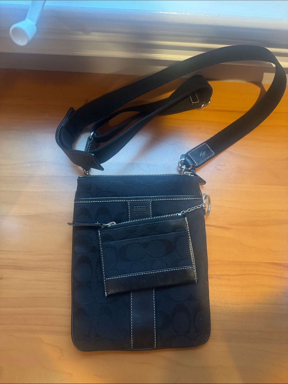 Coach Black Signature Nylon Messenger Crossbody  with matching wallet
